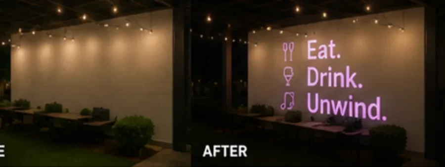 Before and after: a blank wall transformed with a projected Eat. Drink. Unwind. design