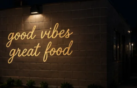Good Vibes, Great Food projected on the wall in light