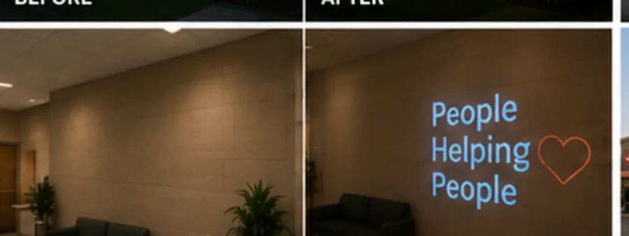 Before and after: a blank wall transformed with a projected People Helping People design