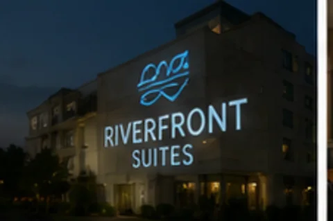 Riverfront Suites projected on the wall in light