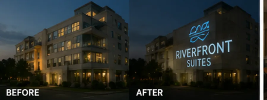 Before and after: a blank wall transformed with a projected Riverfront Suites design