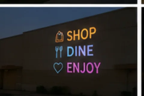 Shop. Dine. Enjoy. projected on the wall in light