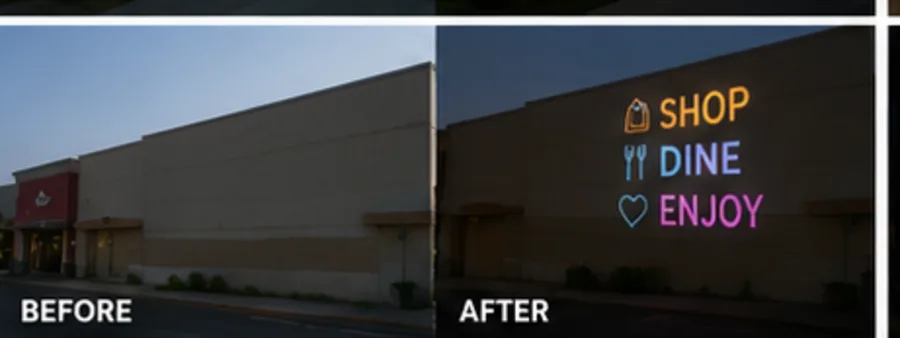 Before and after: a blank wall transformed with a projected Shop. Dine. Enjoy. design