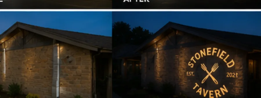 Before and after: a blank wall transformed with a projected Stonefield Tavern design