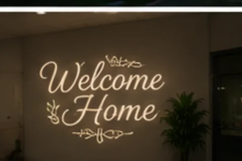 Welcome Home projected on the wall in light