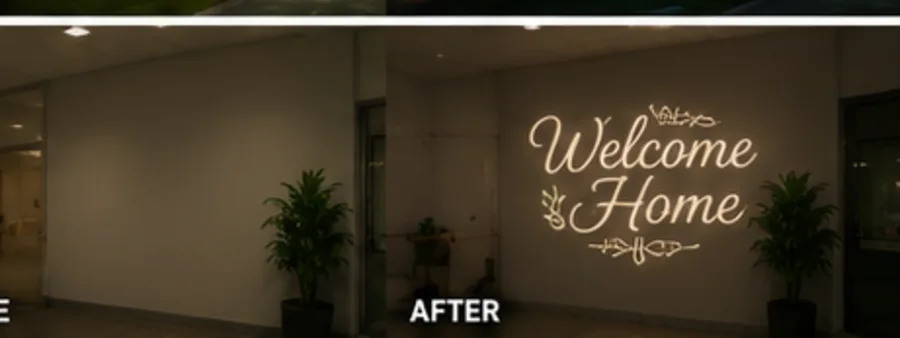 Before and after: a blank wall transformed with a projected Welcome Home design