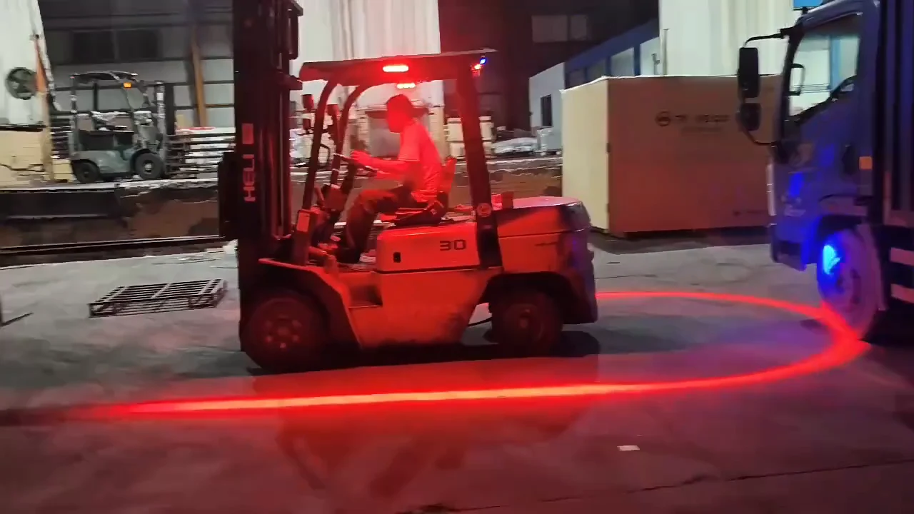 Forklift projecting a red LED arc on the floor around its rear