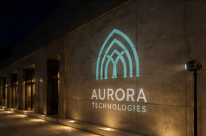 Tech-company logo projected on a concrete wall — Infinity Projectors