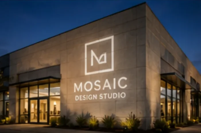 A business logo projected near a storefront window at night