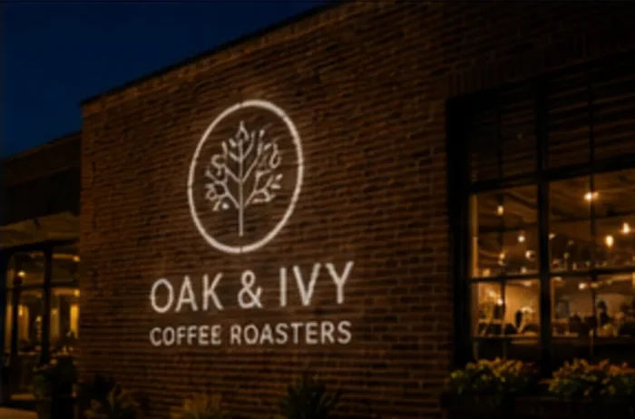 Brand projection over outdoor patio dining at night — Infinity Projectors