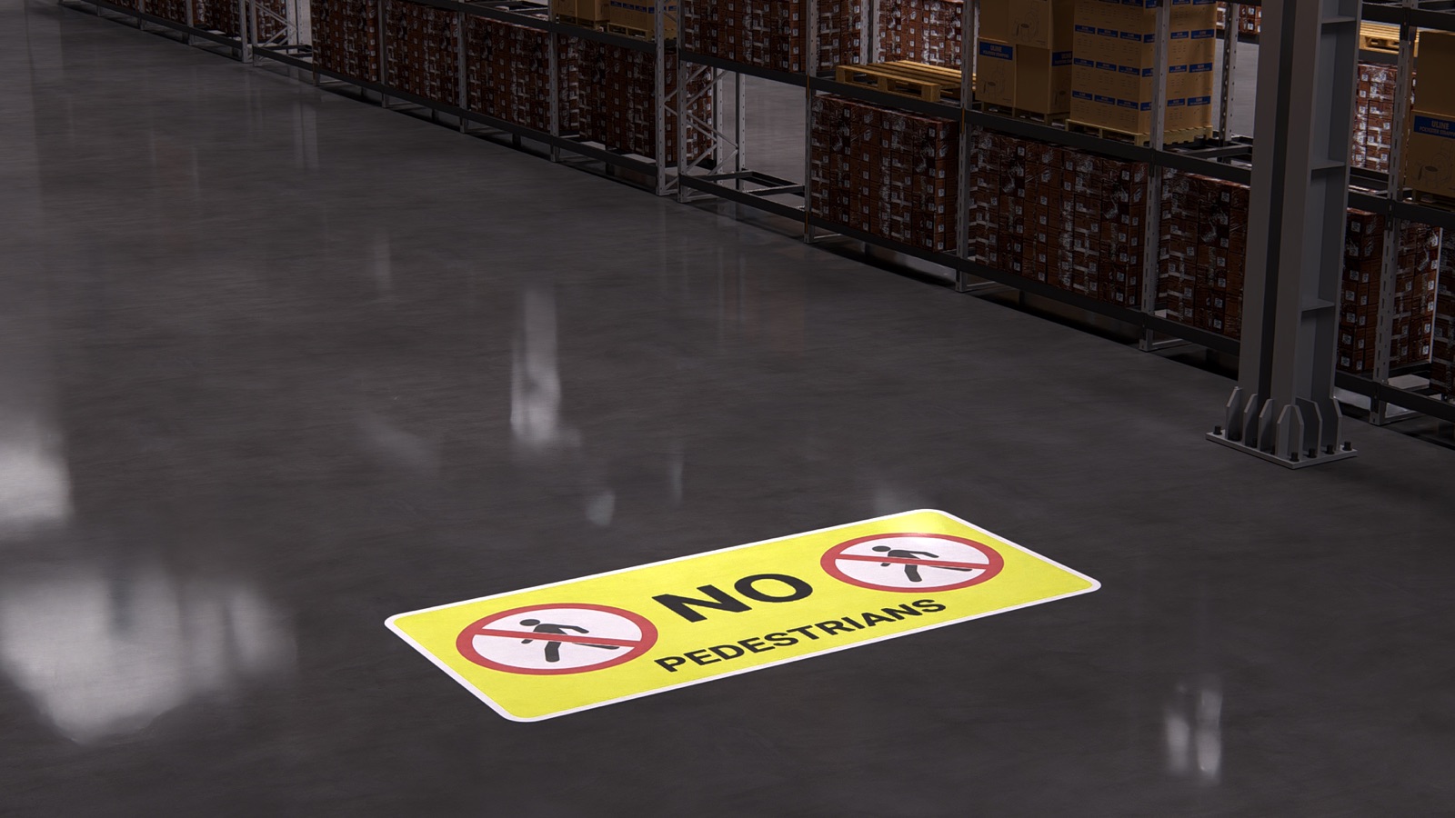 Yellow NO PEDESTRIANS sign projected on a warehouse floor between racking