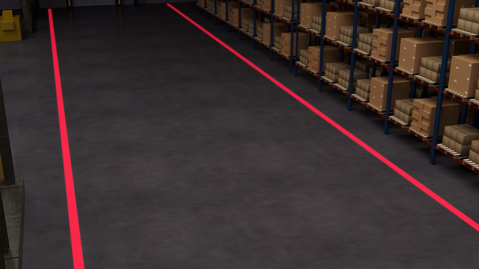 Red laser lines marking a forklift lane beside warehouse racking