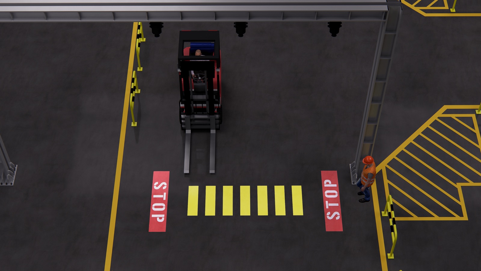 Top-down view of a forklift lane with projected STOP signs and a yellow crosswalk