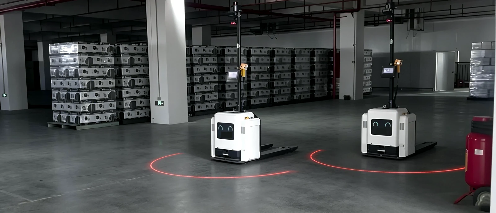 Two AGVs each projecting a red laser arch on the floor around their front