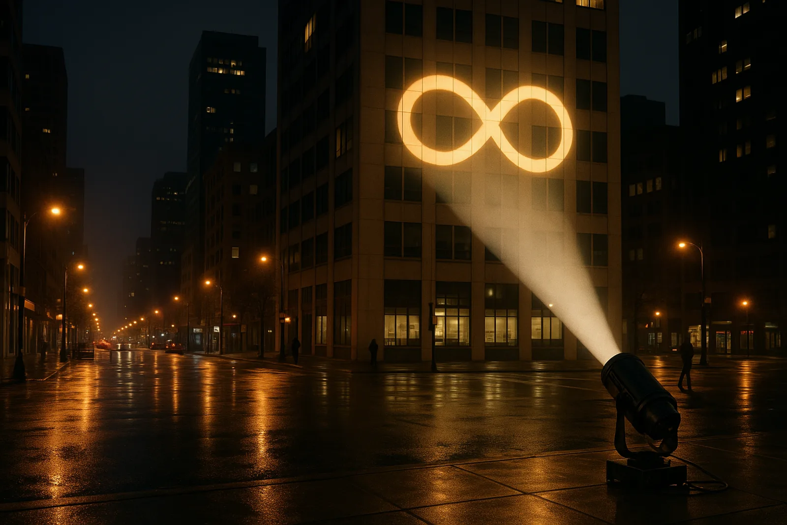 The ∞ signature — projected up a city building — Infinity gobo logo projection
