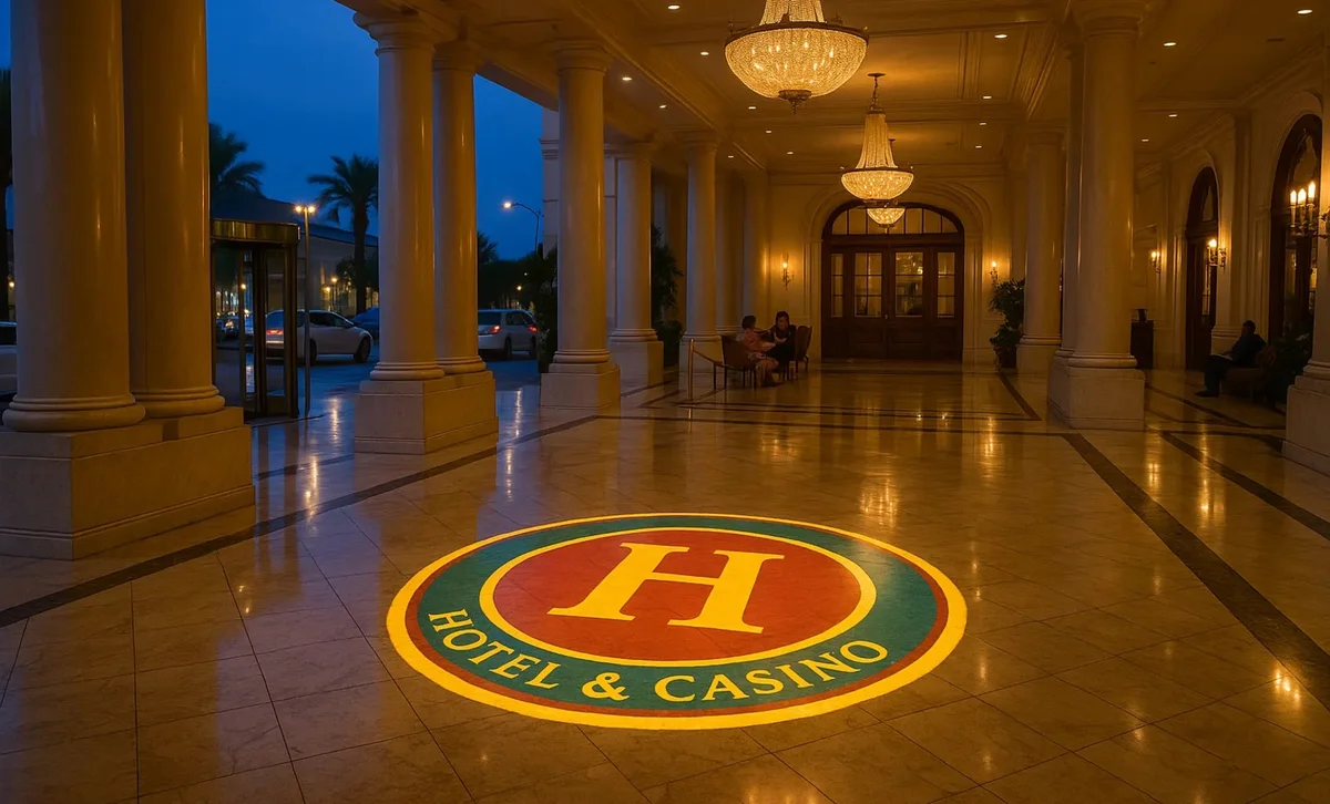 Hotel lobby floor branding — Infinity gobo logo projection