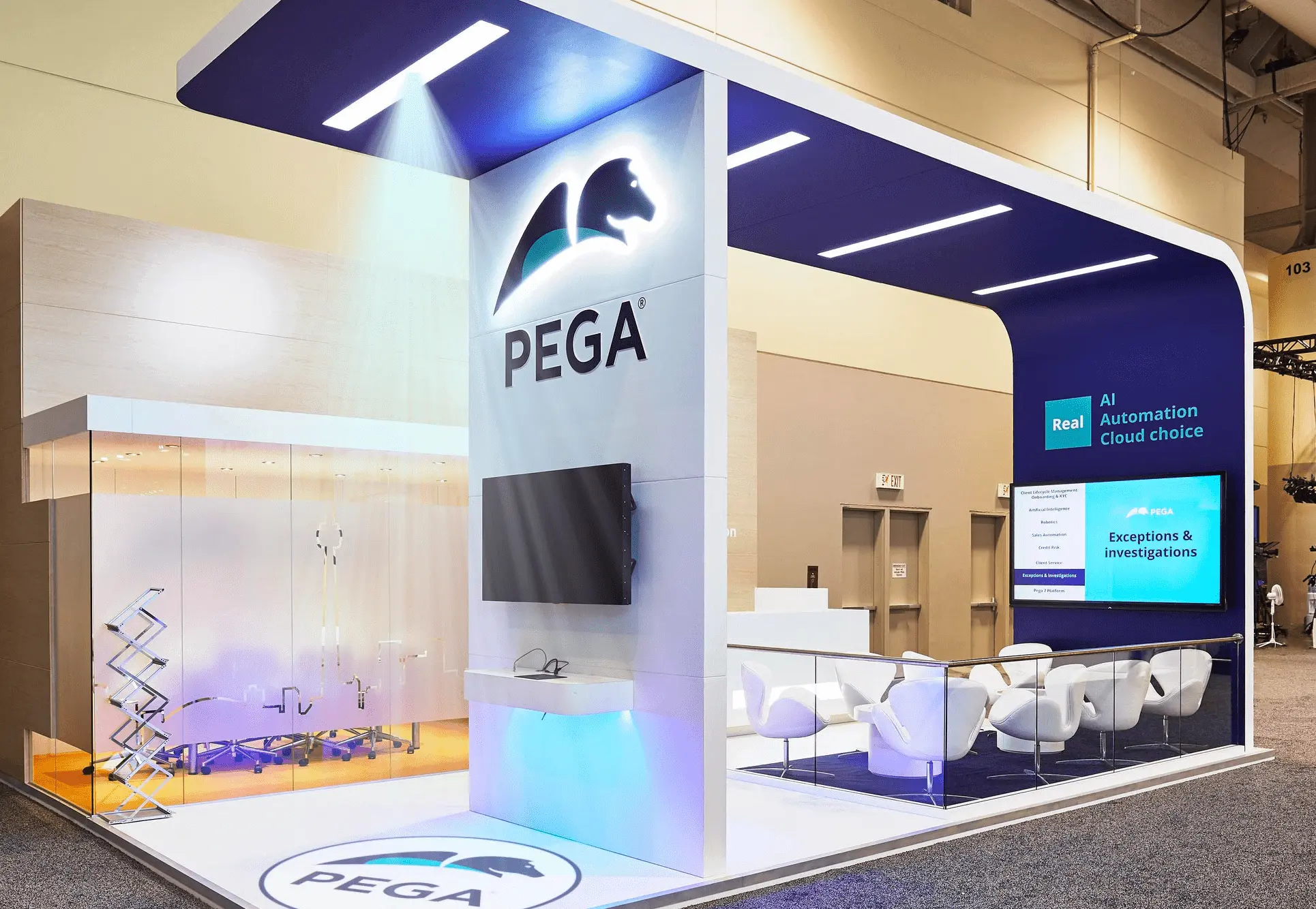 PEGA logo projected on the floor of a trade-show exhibition booth