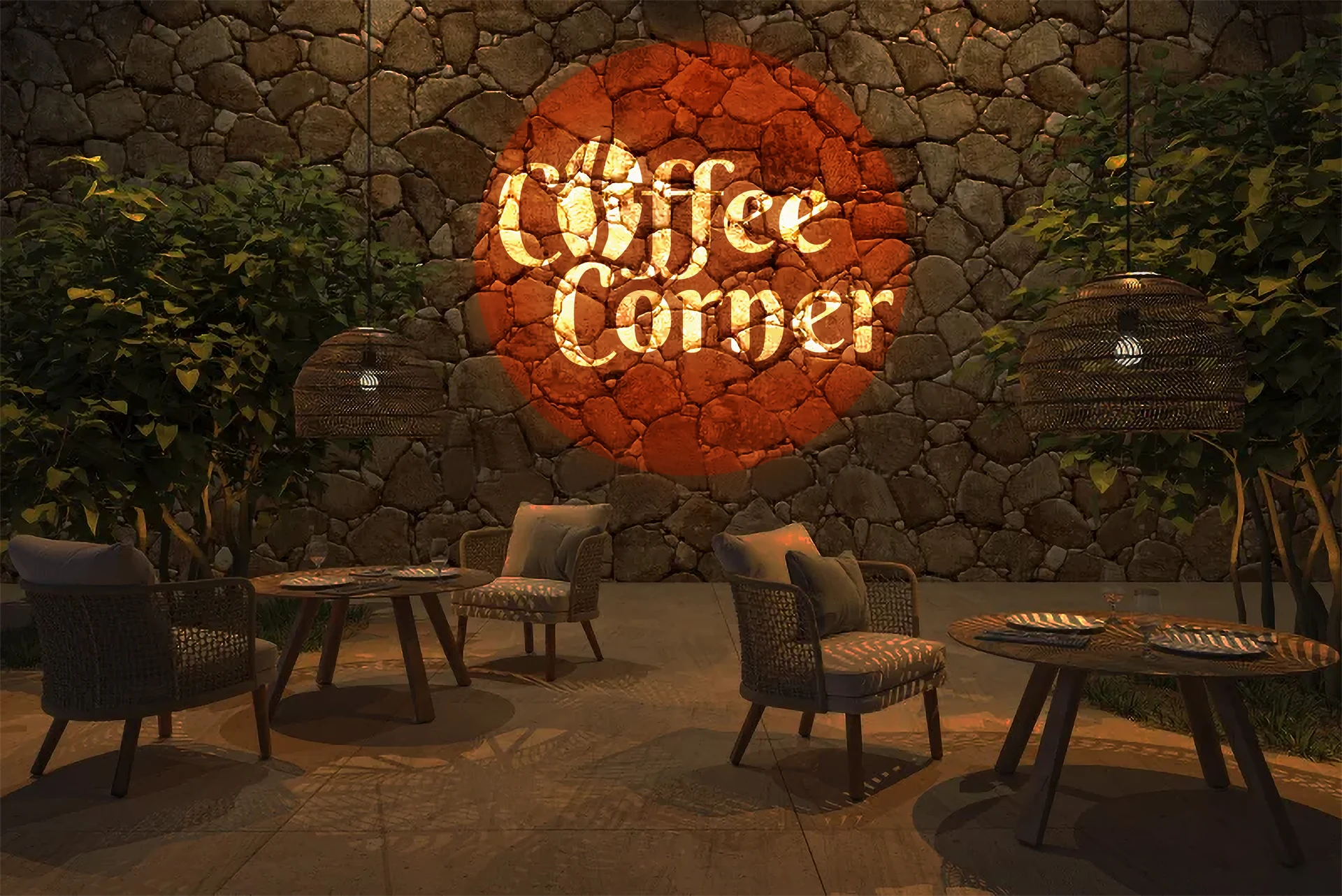Café logo on a stone patio wall — Infinity gobo logo projection