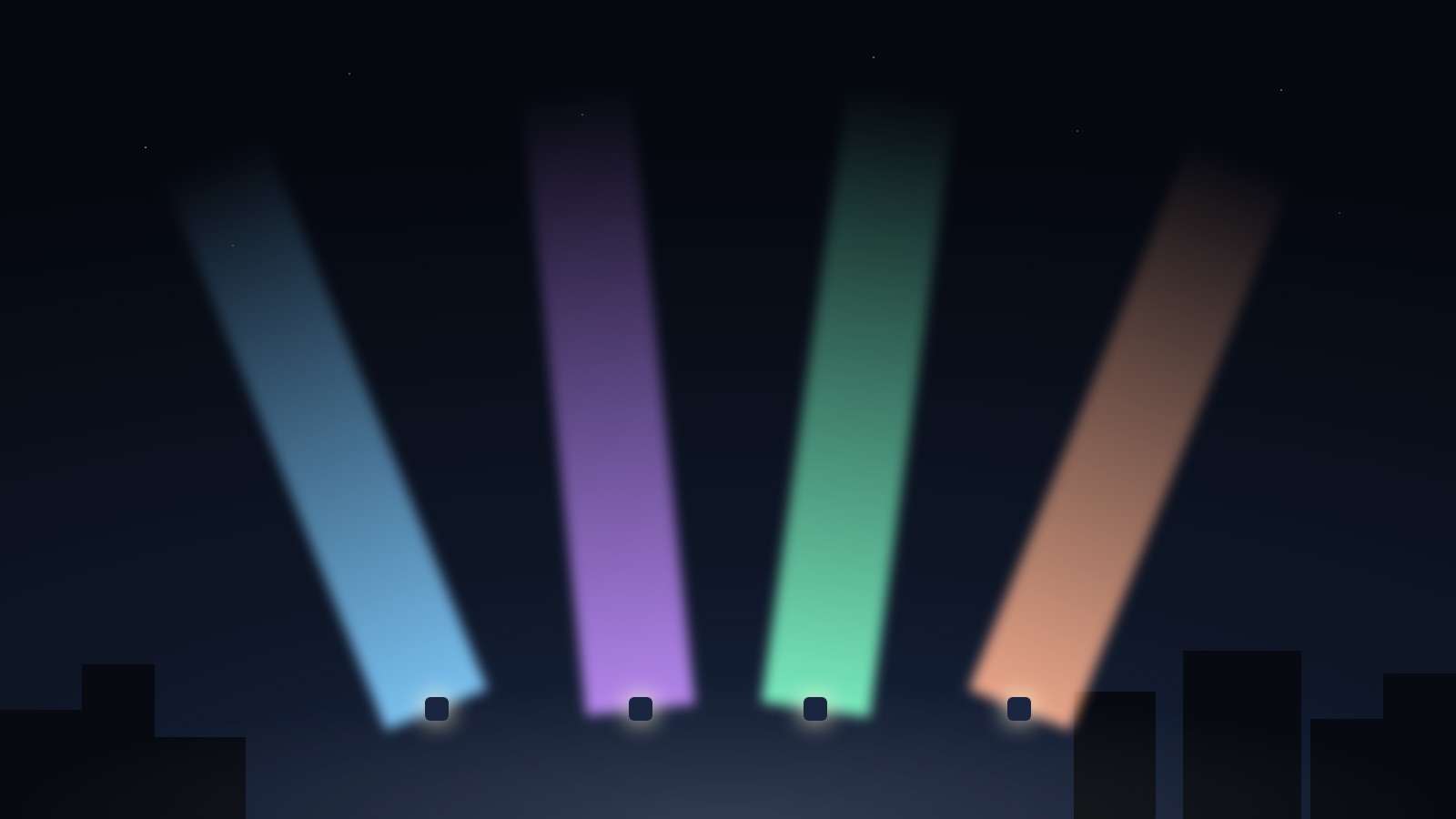 Multi-color sky-beam searchlight array sweeping the night sky