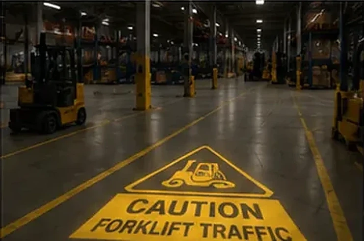 CAUTION FORKLIFT TRAFFIC sign projected on the floor beside a working forklift — Infinity Projectors