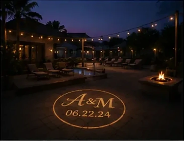 Single-initial monogram projected on a venue feature wall — Infinity Projectors