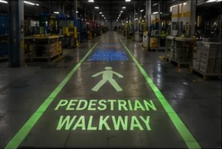 Green PEDESTRIAN WALKWAY lane projection guiding foot traffic through a facility — Infinity Projectors