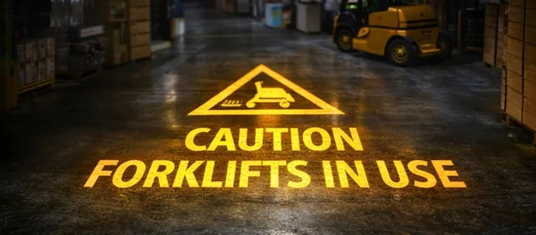 Gobo safety-sign projector casting a 'Caution: forklifts in use' warning on a warehouse floor