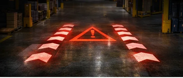 Red hazard caution line projected across a warehouse floor