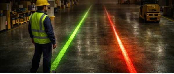 Laser-line safety projection marking a bright virtual boundary line down a warehouse aisle beside a worker