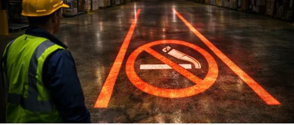 No-smoking sign projected on a warehouse floor near a worker