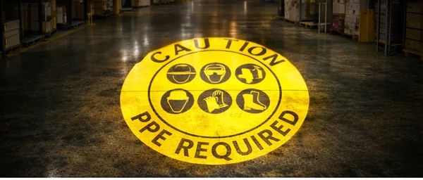 PPE-required safety symbol projected on a warehouse floor