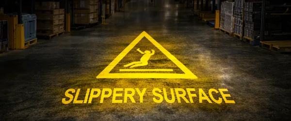 Slippery-surface hazard warning projected on a warehouse floor