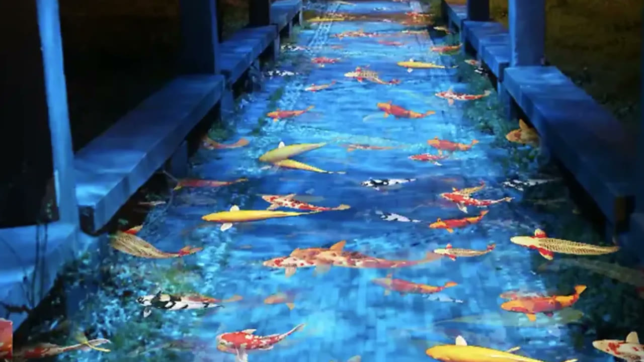 Interactive koi pond walkway projection